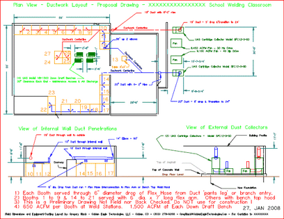 Plan view of existing welding school booth vented to two cartridge dust collectors